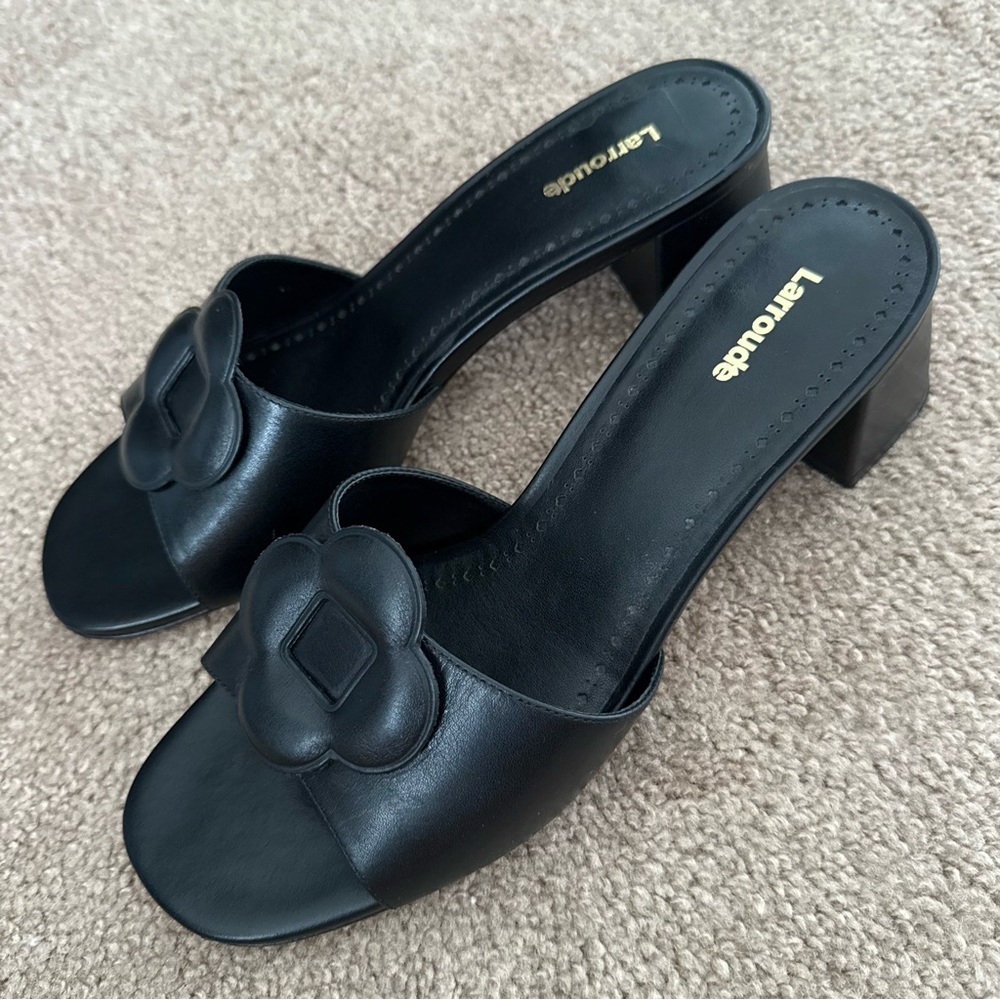 Larroudé Flora Leather Mules Sandals Block Heel - Picture 1 of 11